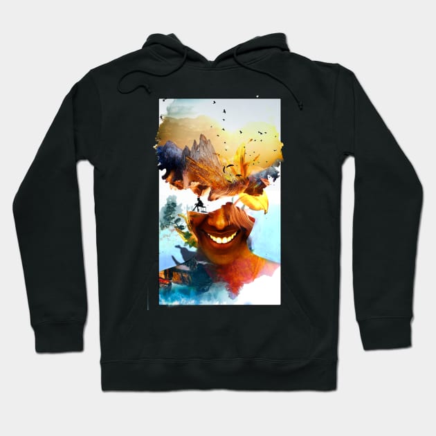 Her Mountain Smile Afro Double Exposure Nature Beautiful Hoodie by Glass Table Designs